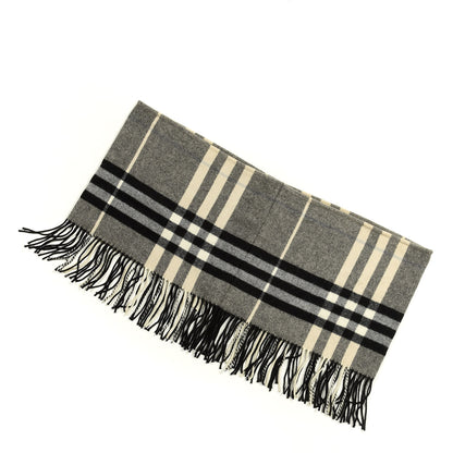 Burberry Wool Cashmere Giant Check Fringe Scarf Pale Grey 1 of 5