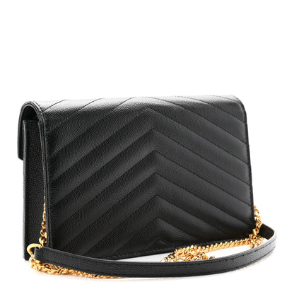 Saint Laurent Grain De Poudre Matelasse Chevron Monogram Envelope Chain Wallet Black 3 of 10