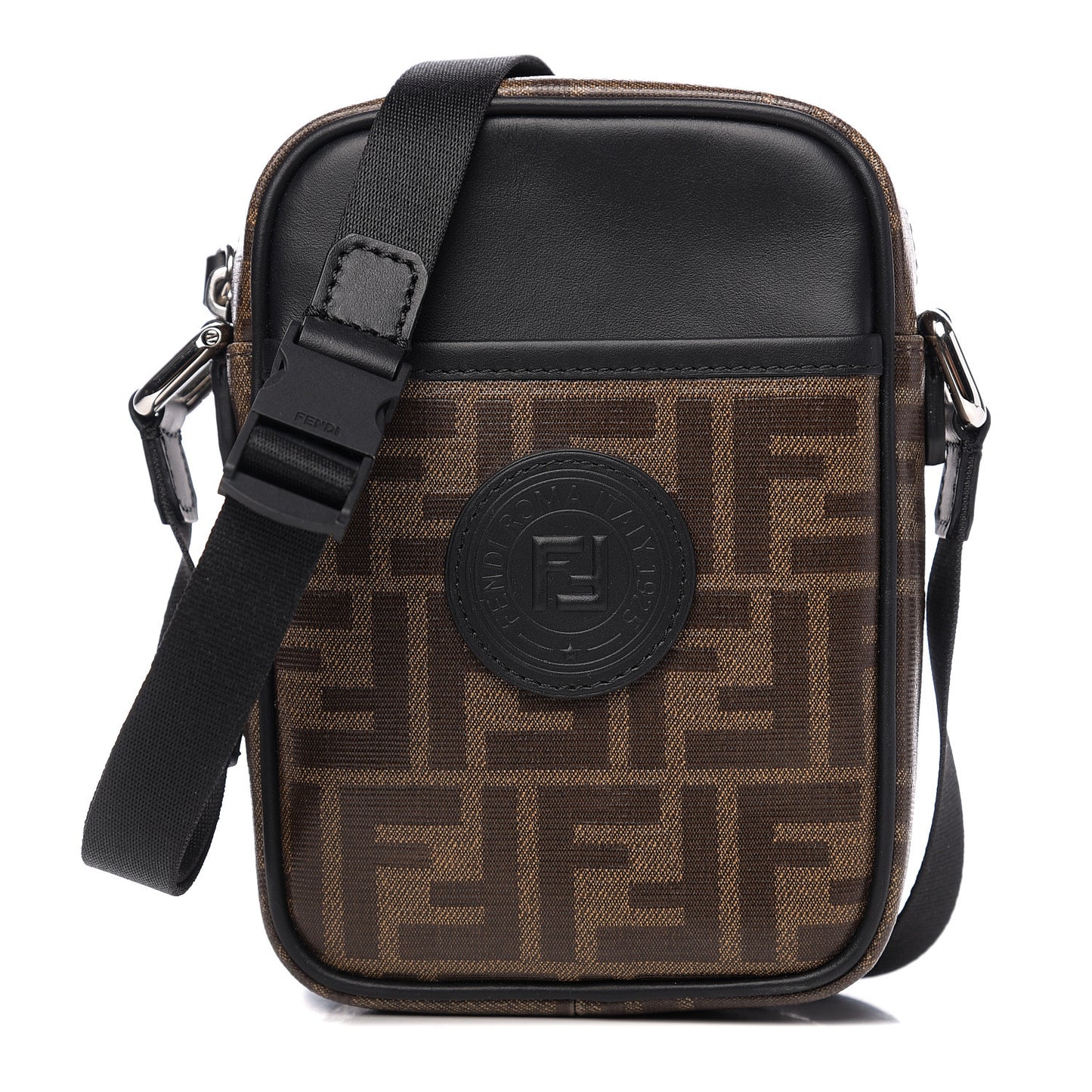 Glazed Fabric Vitello Century FF 1974 Stamp Patch Small Crossbody Messenger Mogano Panna Black