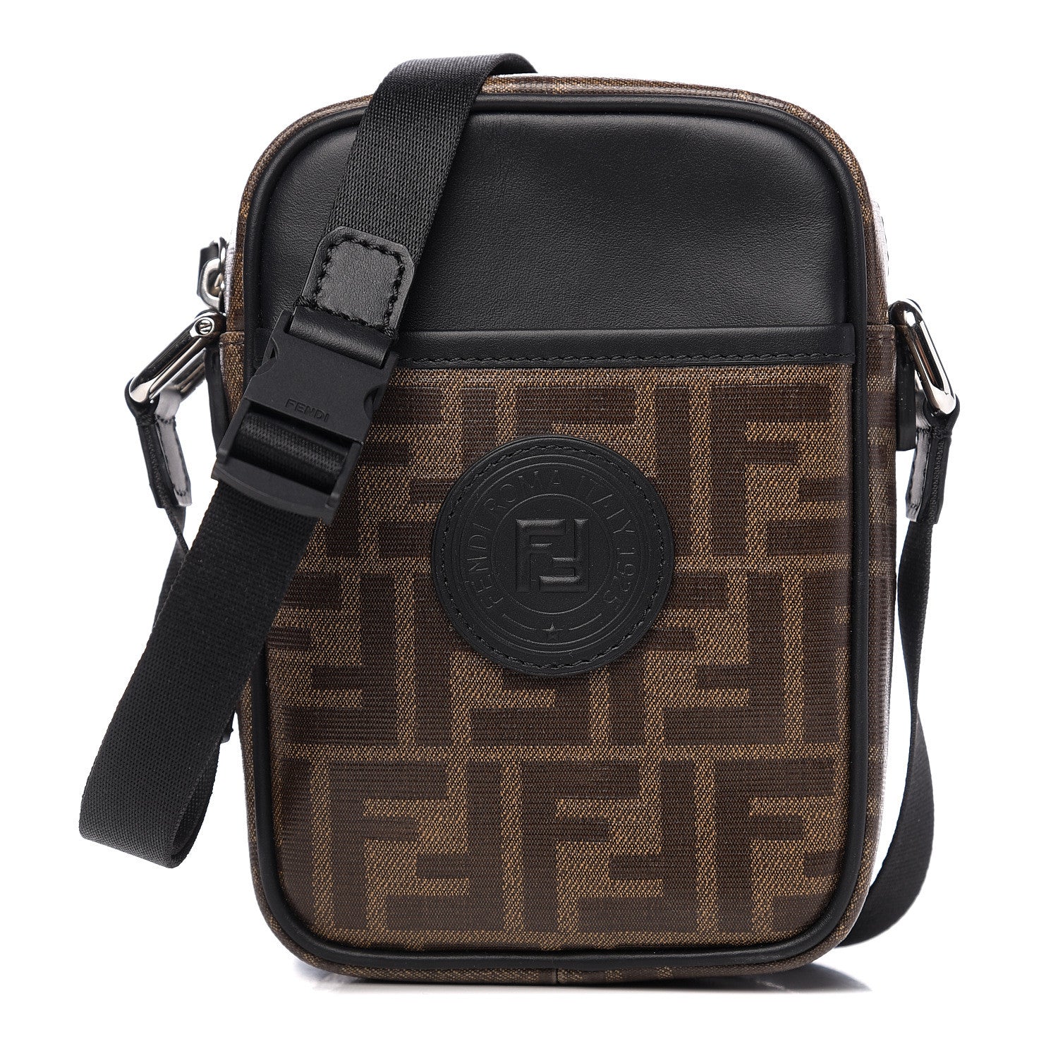 Fendi Glazed Fabric Vitello Century FF 1974 Stamp Patch Small Crossbody Messenger Mogano Panna Black 1 of 9