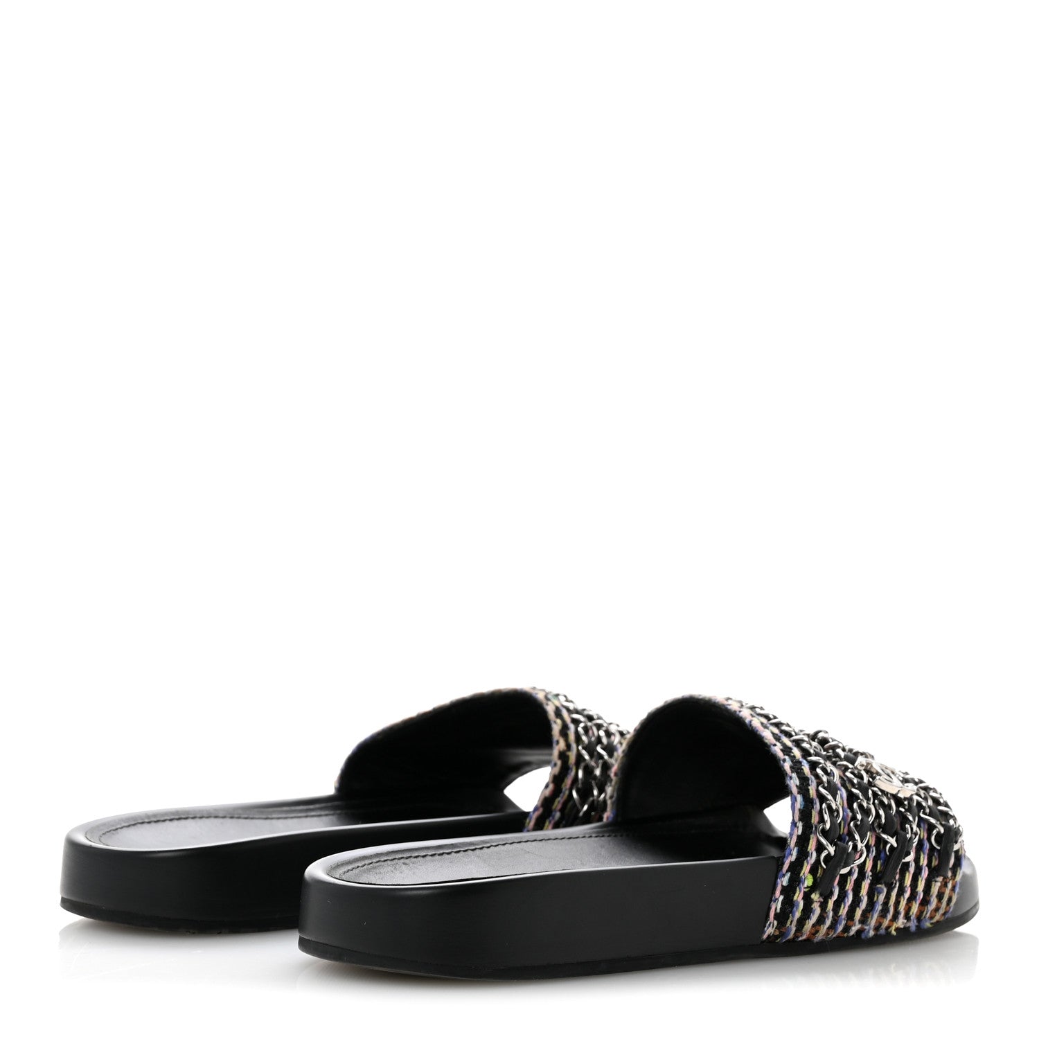 Chanel Satin Canvas Chain Slides Sandals Flats 37.5 Marine 5 of 12