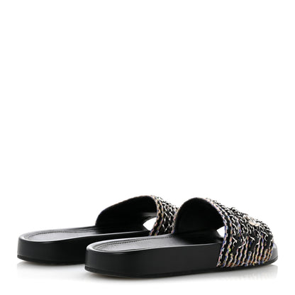 Chanel Satin Canvas Chain Slides Sandals Flats 37.5 Marine 5 of 12