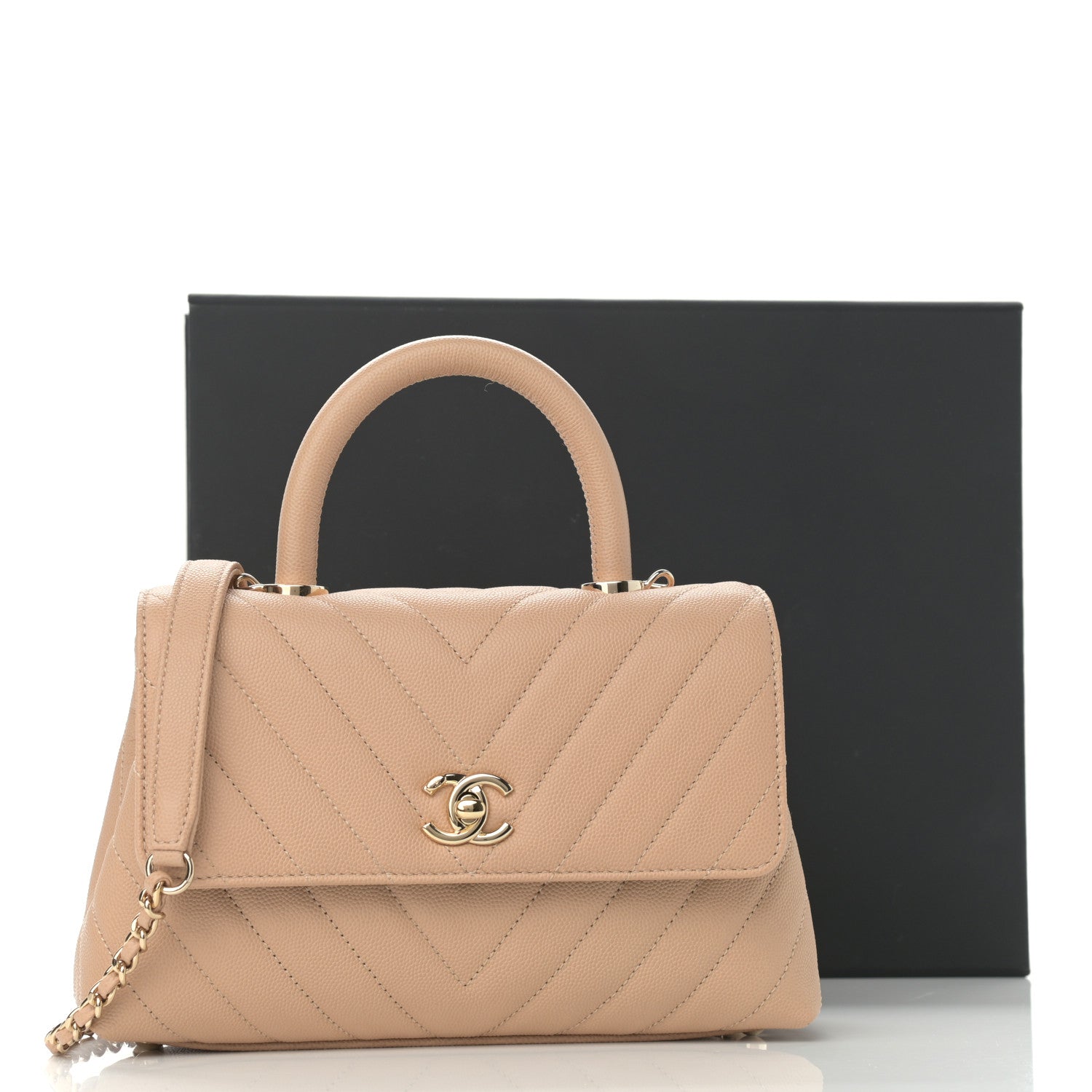 Chanel Caviar Chevron Quilted Mini Coco Handle Flap Beige 12 of 12