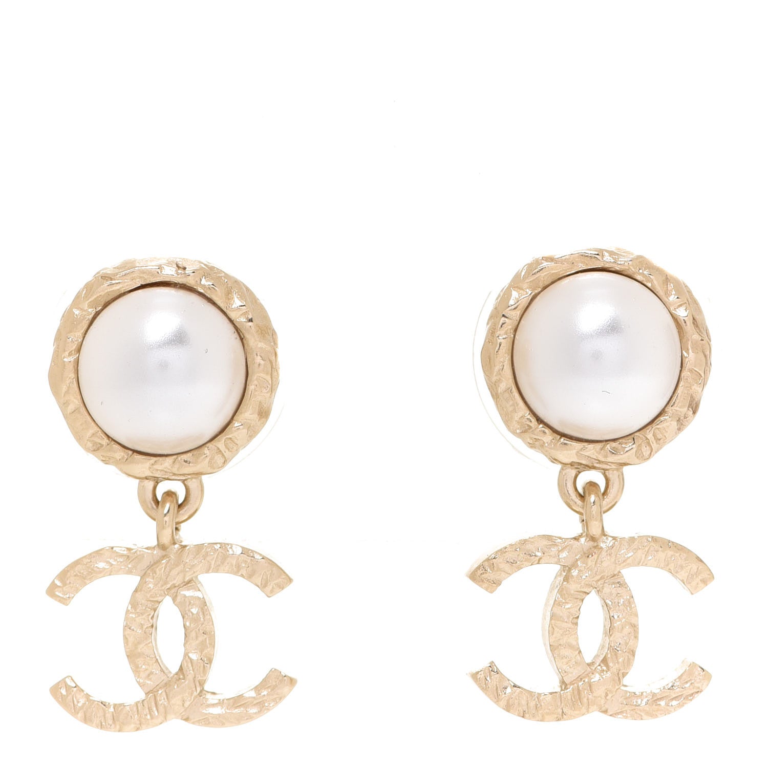 Chanel Pearl Hammered CC Drop Earrings Gold Pearly White 1 of 5