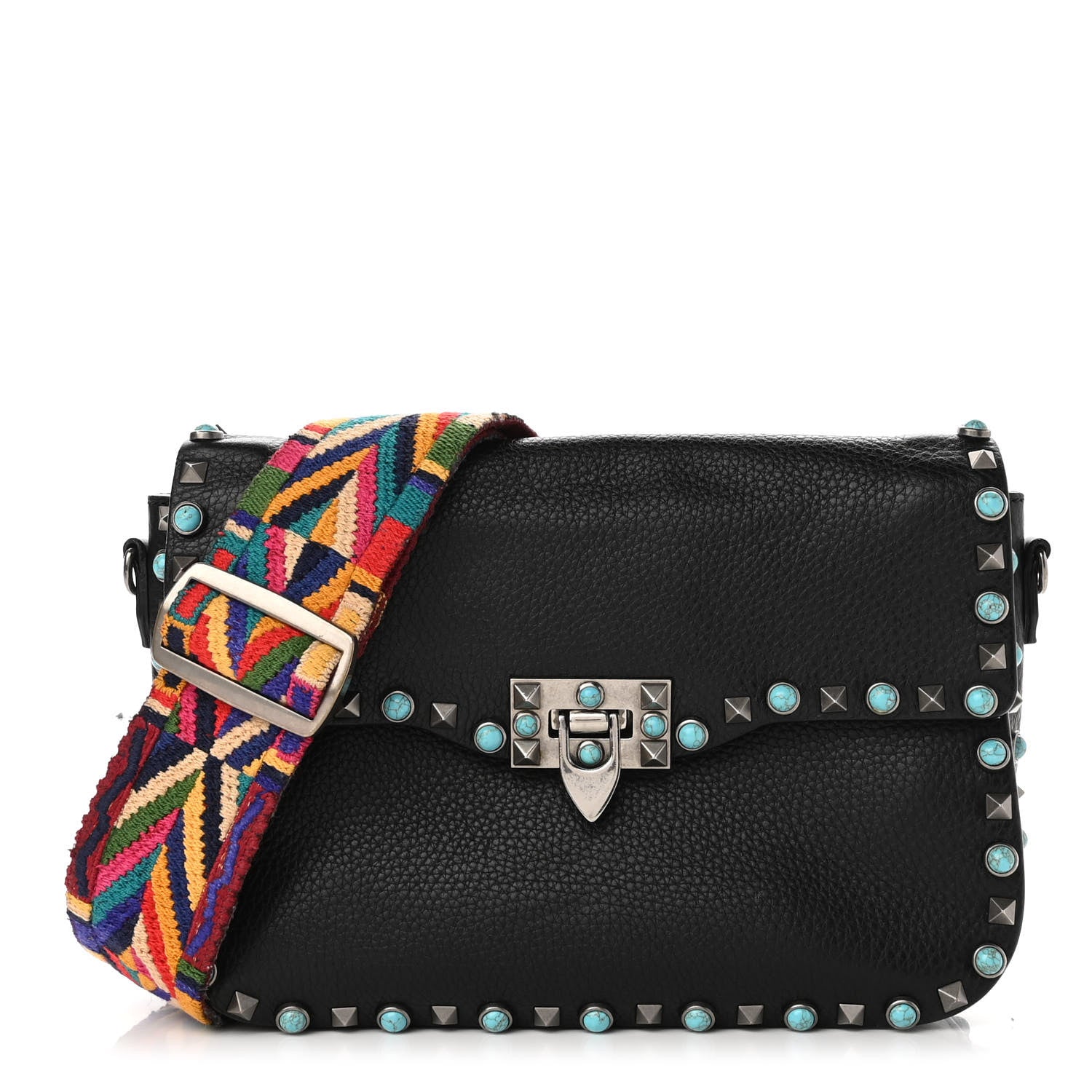 Valentino Garavani Pebbled Calfskin Medium Guitar Strap Rockstud Rolling Flap Saddle Bag Black 1 of 12