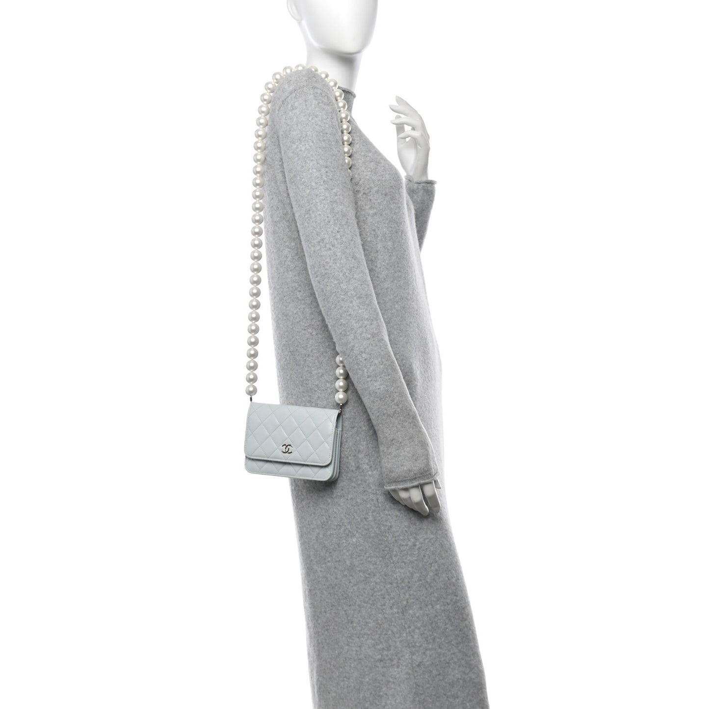 Calfskin Quilted Mini Maxi Pearls Wallet On Chain WOC Light Blue