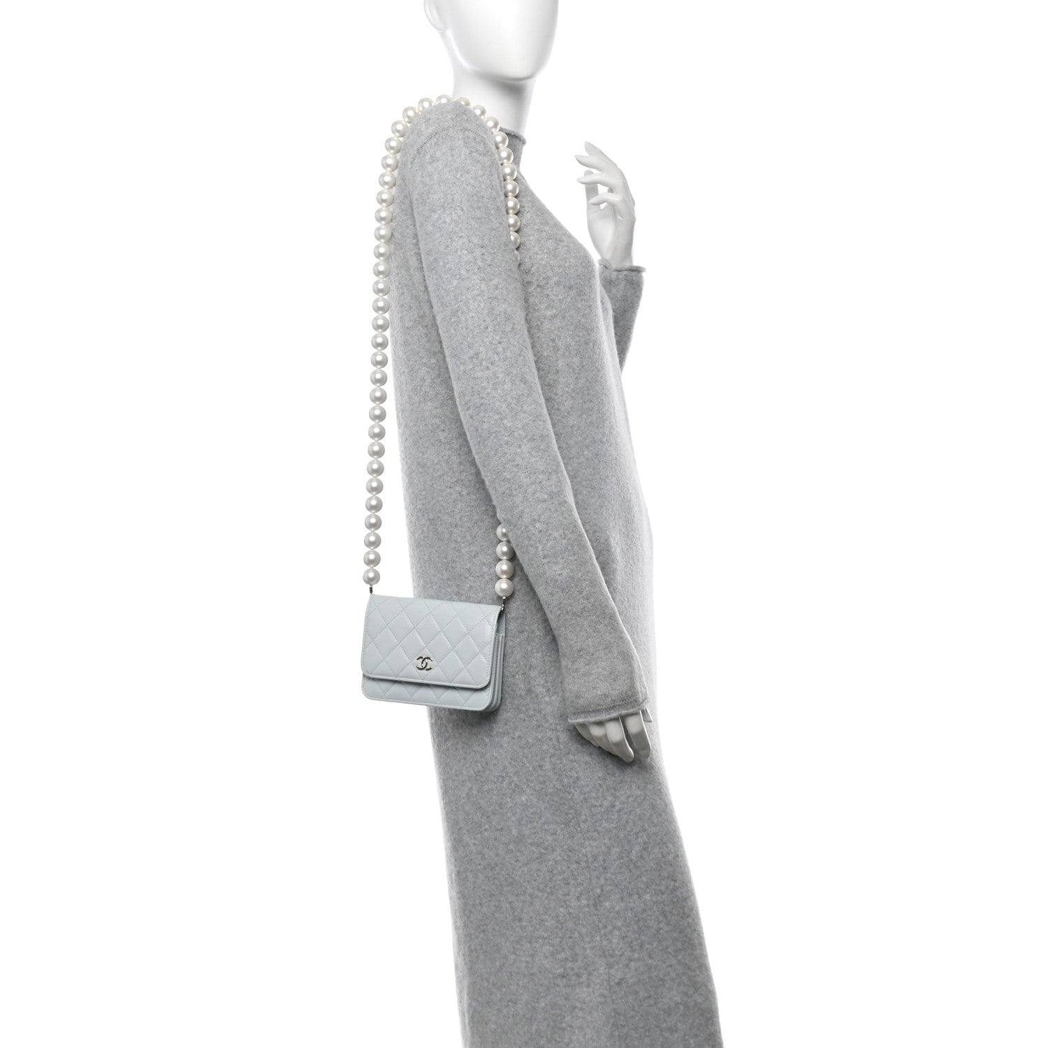 Chanel Calfskin Quilted Mini Maxi Pearls Wallet On Chain WOC Light Blue 2 of 10