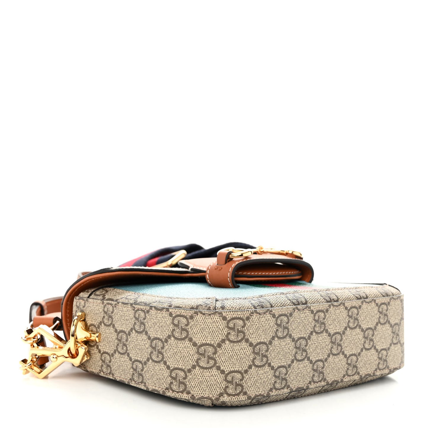 X DANS LE VERT Textured Dollar Calfskin GG Supreme Monogram Web Mini Horsebit 1955 Shoulder Bag Dusty Azure Beige Ebony