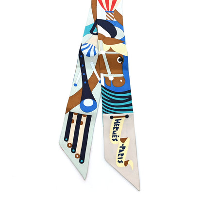 Hermes Silk Parade En Fanfare Twilly Bleu Camel Rouge 2 of 3