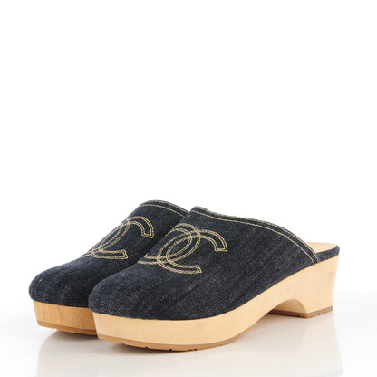 Chanel Denim Wooden CC Clogs 38 Blue 3 of 7
