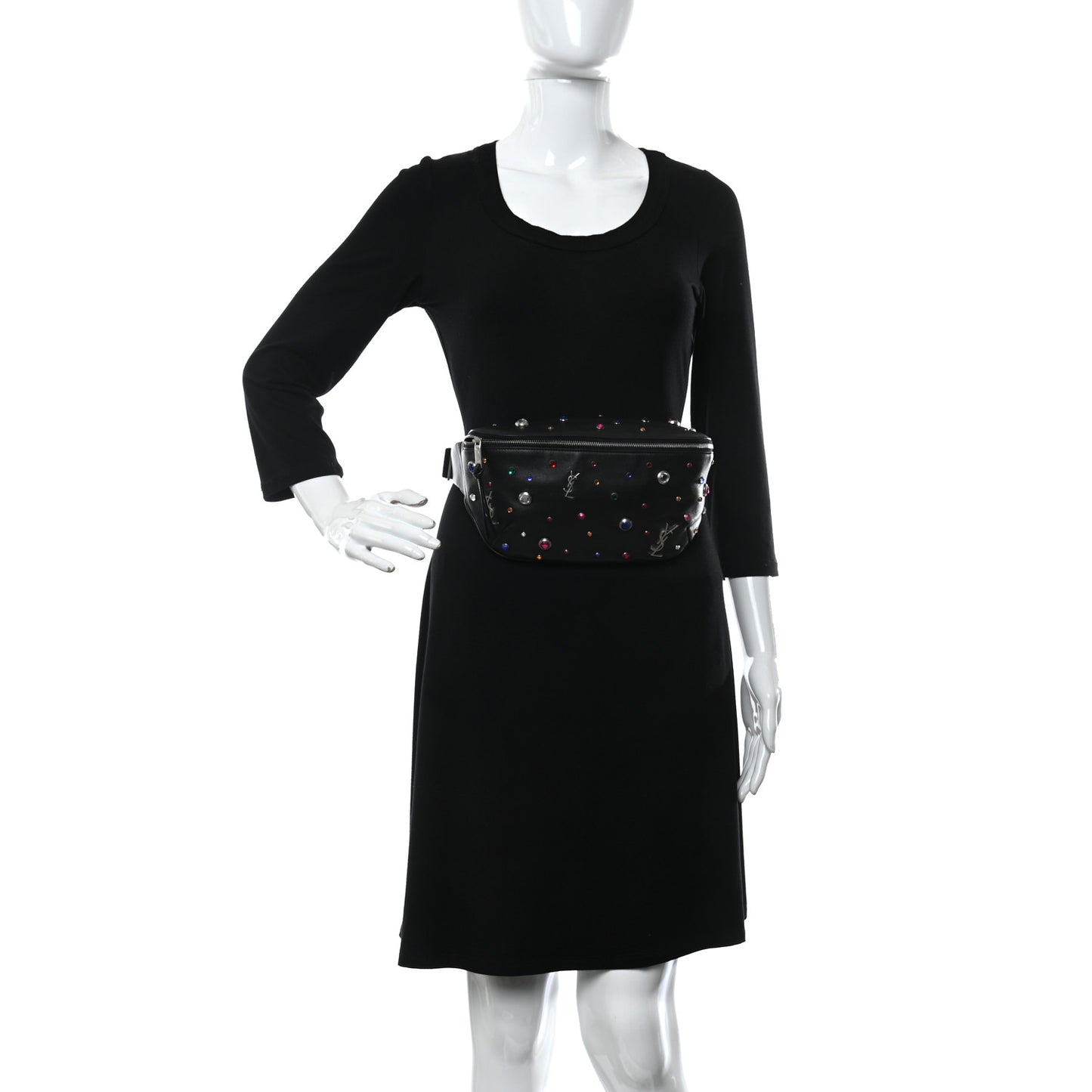 Calfskin Crystal Embellished Monogram Belt Bag Black