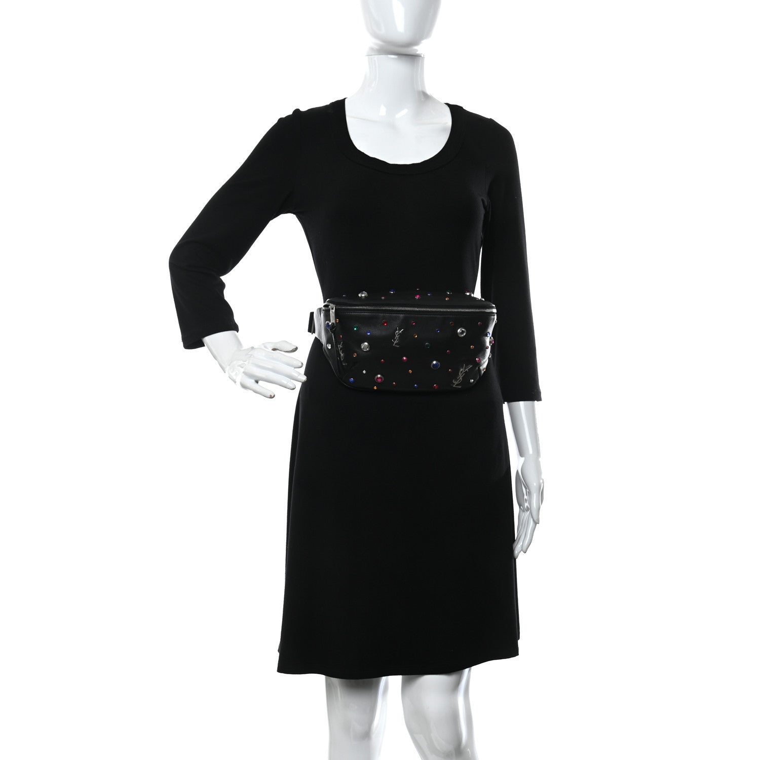 Saint Laurent Calfskin Crystal Embellished Monogram Belt Bag Black 2 of 10