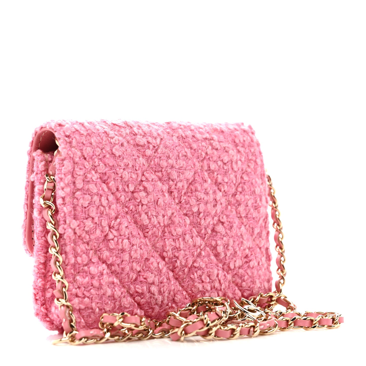 Tweed Quilted Flap Chain Waist Bag Pink