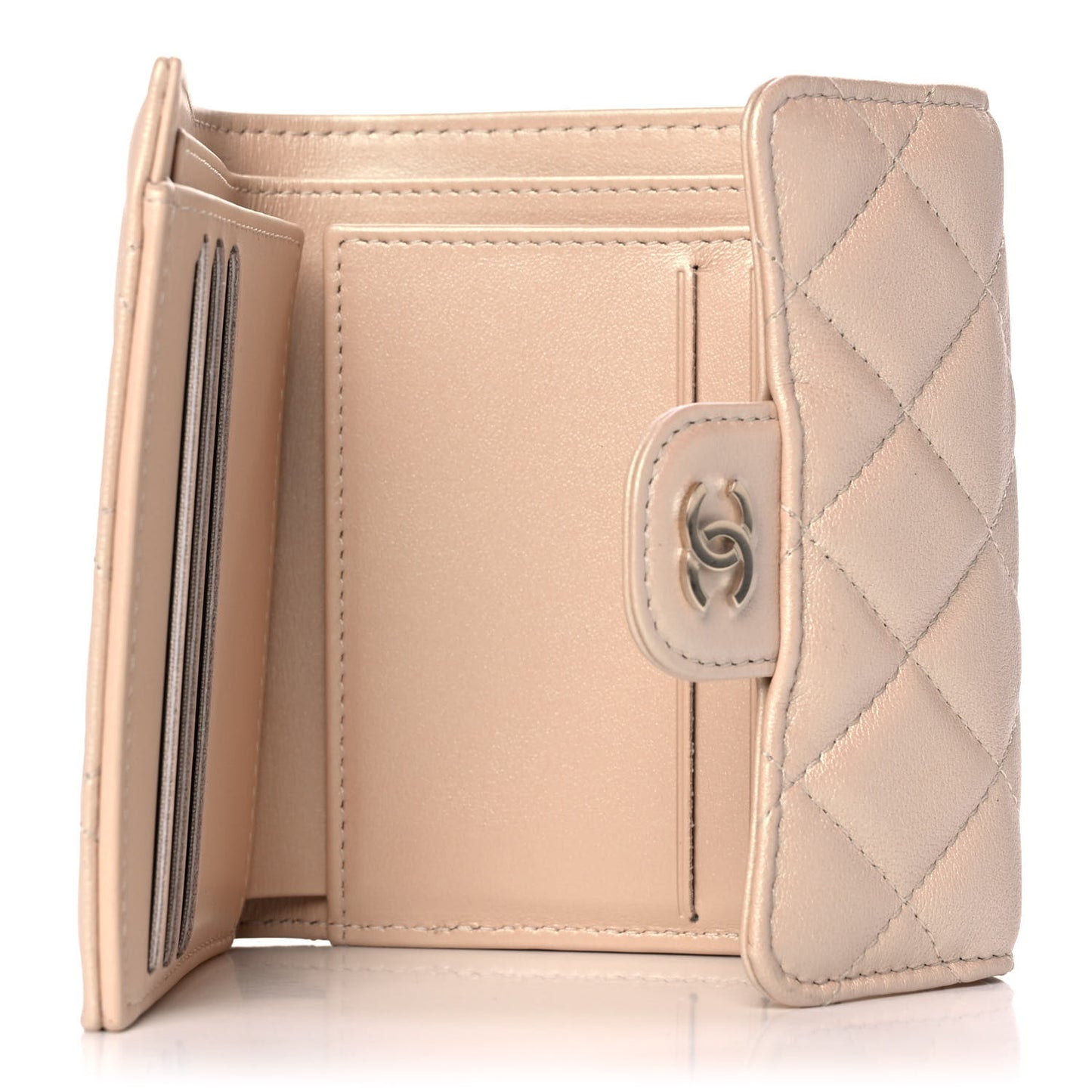Iridescent Calfskin Quilted Compact Flap Wallet Beige