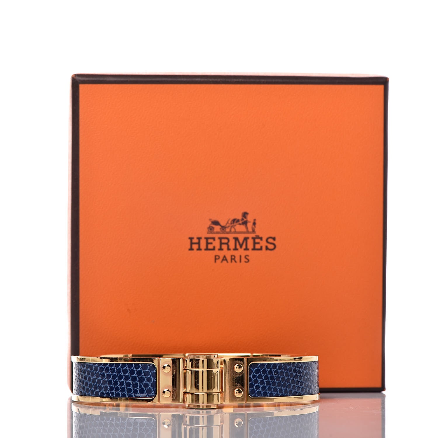 Hermes Lizard Charniere Cuir Narrow Hinged Bracelet M Bleu Saphire 6 of 6