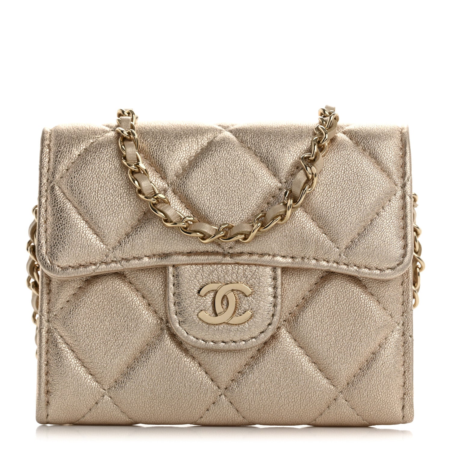 Chanel Metallic Lambskin Quilted Flap Card Holder On Chain Gold 1 of 11