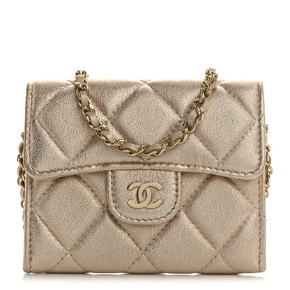 Chanel Metallic Lambskin Quilted Flap Card Holder On Chain Gold 1 of 11