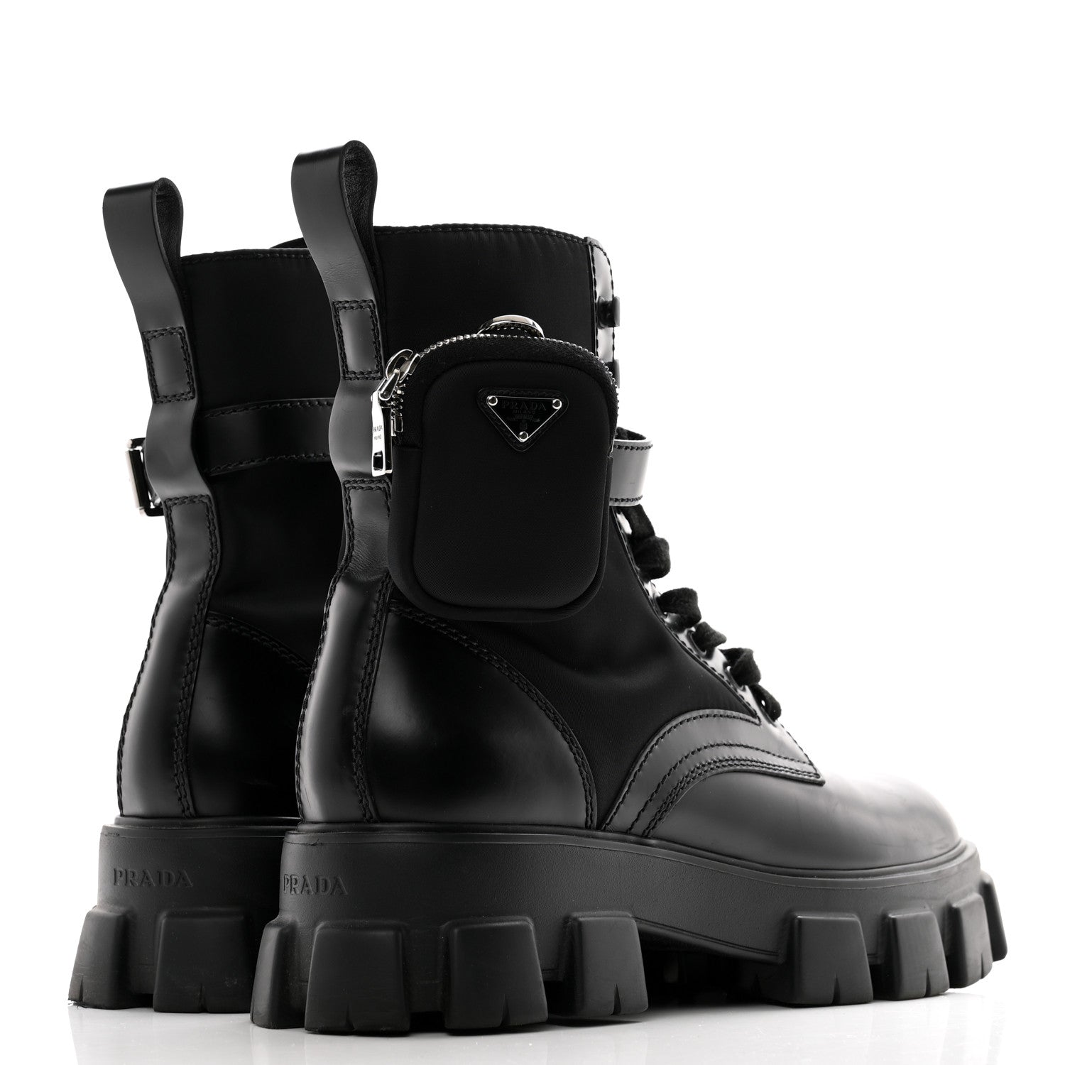Prada Spazzolato Rois Re-Nylon Metal Triangle Logo Mens Monolith Pouch Pocket 60mm Combat Boots 11 Black 4 of 12