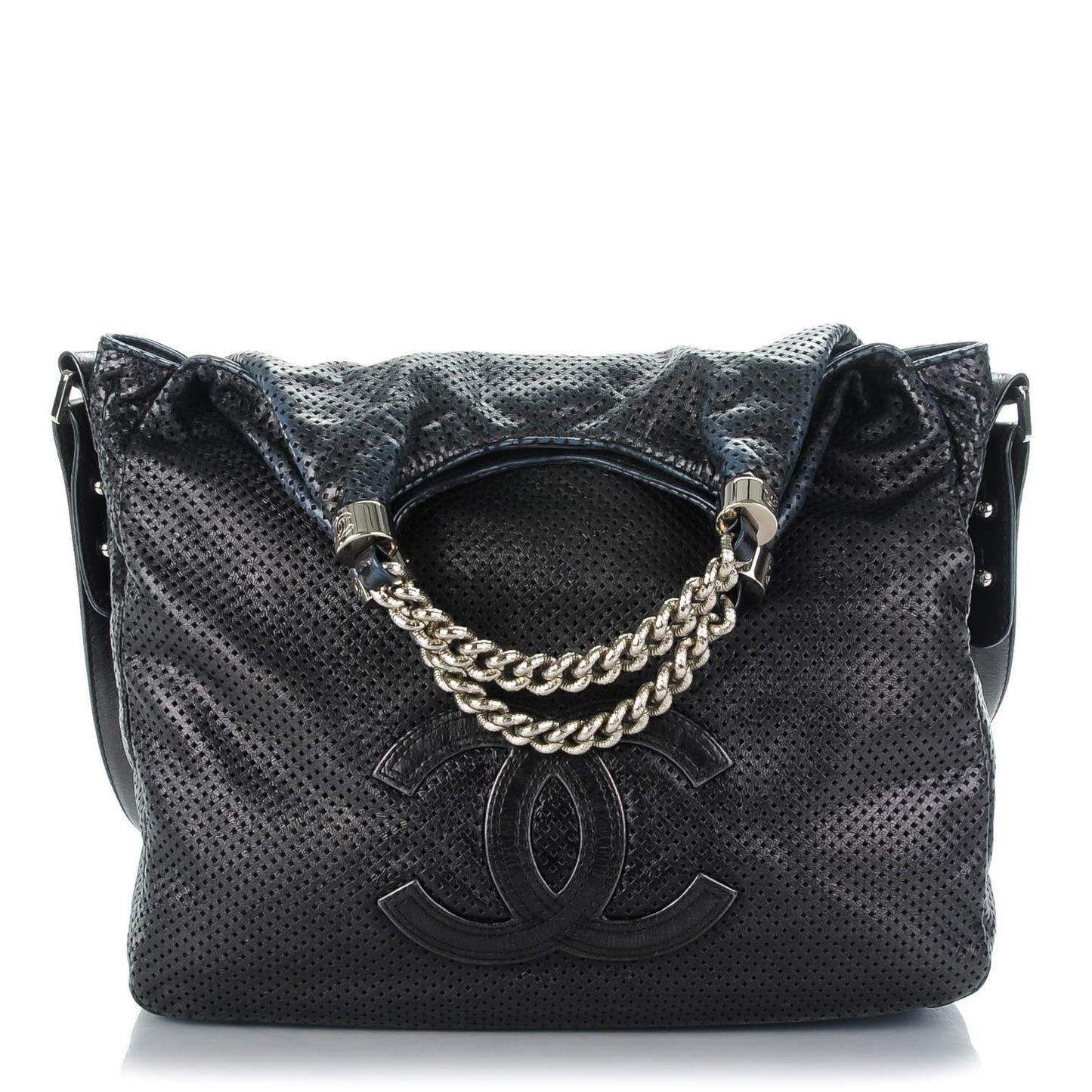 Glazed Calfskin Perforated Large Rodeo Drive Tote Black