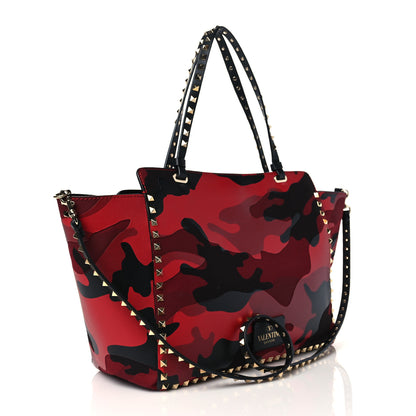 Valentino Garavani Nappa Canvas Camouflage Medium Rockstud Tote Red 3 of 9