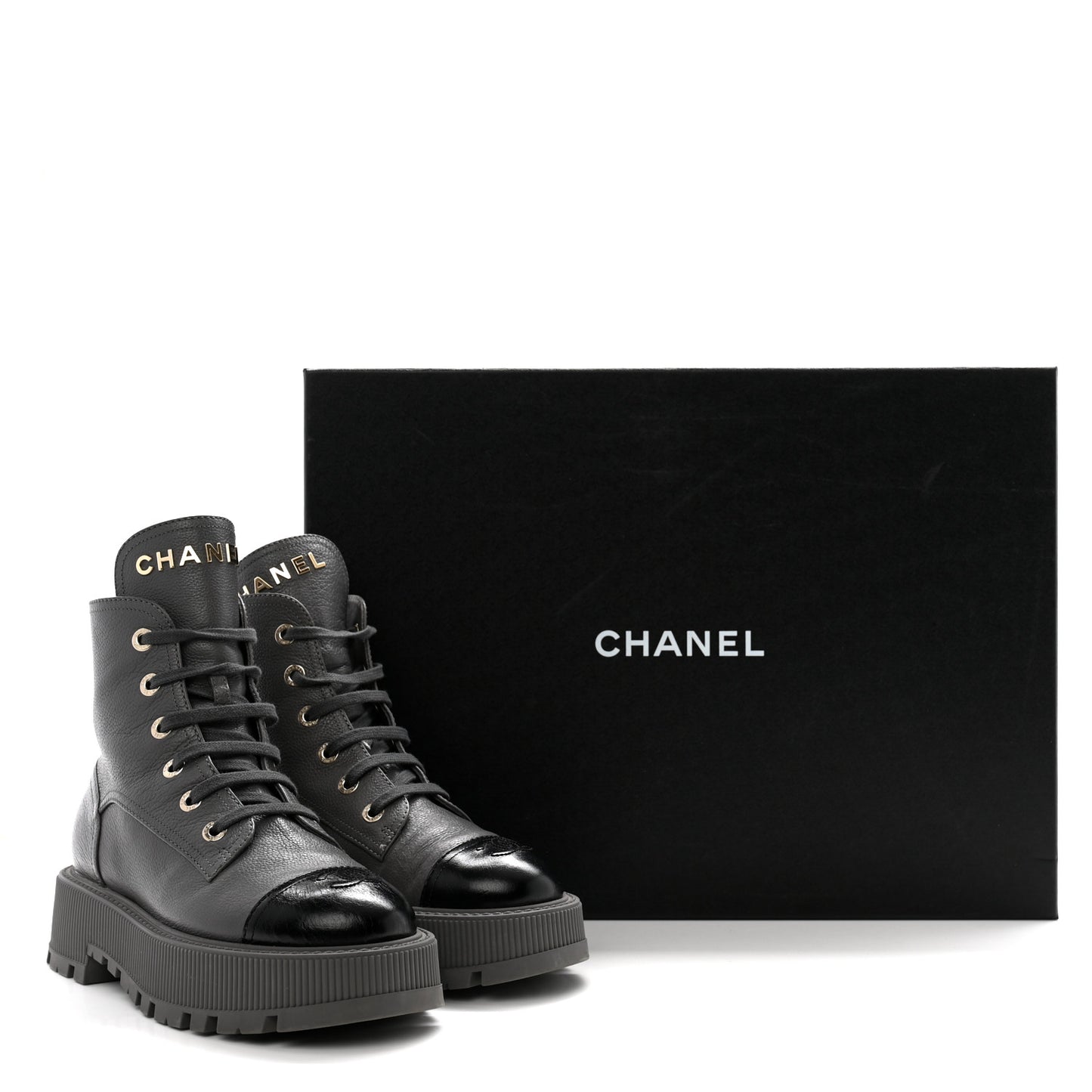 Grained Calfskin Shiny Calfskin CC Lace Up Combat Boots 38.5 Grey