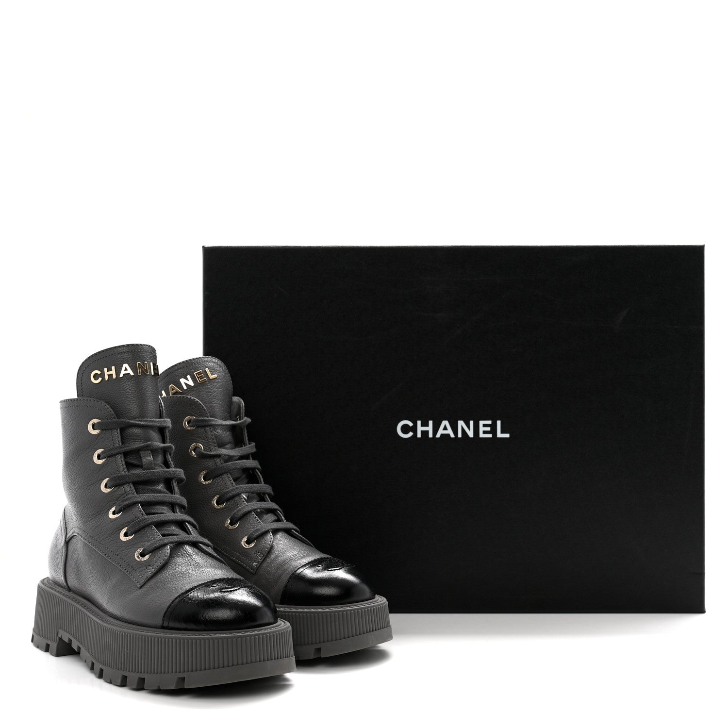 Chanel Grained Calfskin Shiny Calfskin CC Lace Up Combat Boots 38.5 Grey 11 of 11
