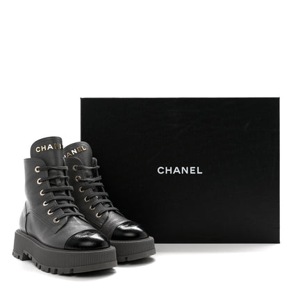 Chanel Grained Calfskin Shiny Calfskin CC Lace Up Combat Boots 38.5 Grey 11 of 11