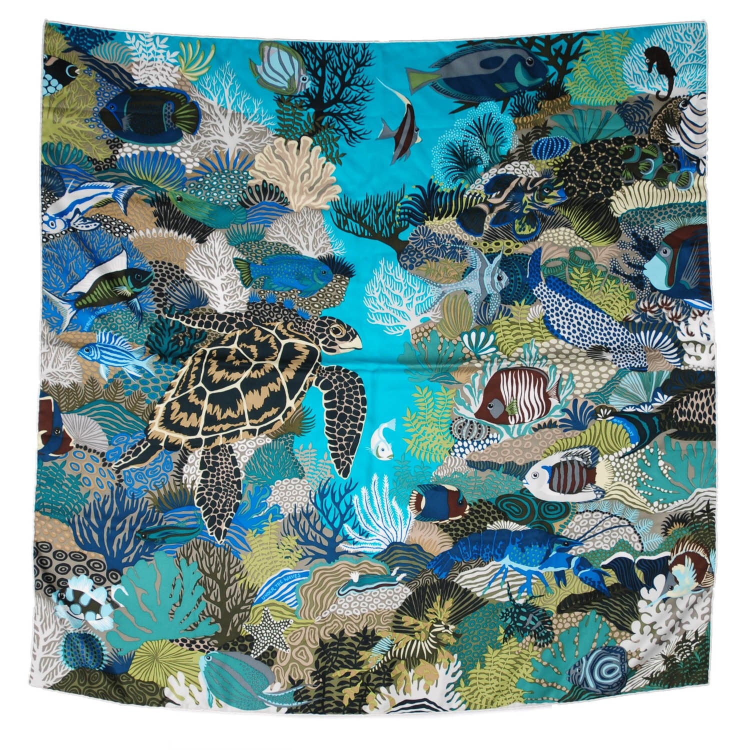 Hermes Silk Under The Waves Scarf 90 Bleu Lagon Beige Vert 2 of 6