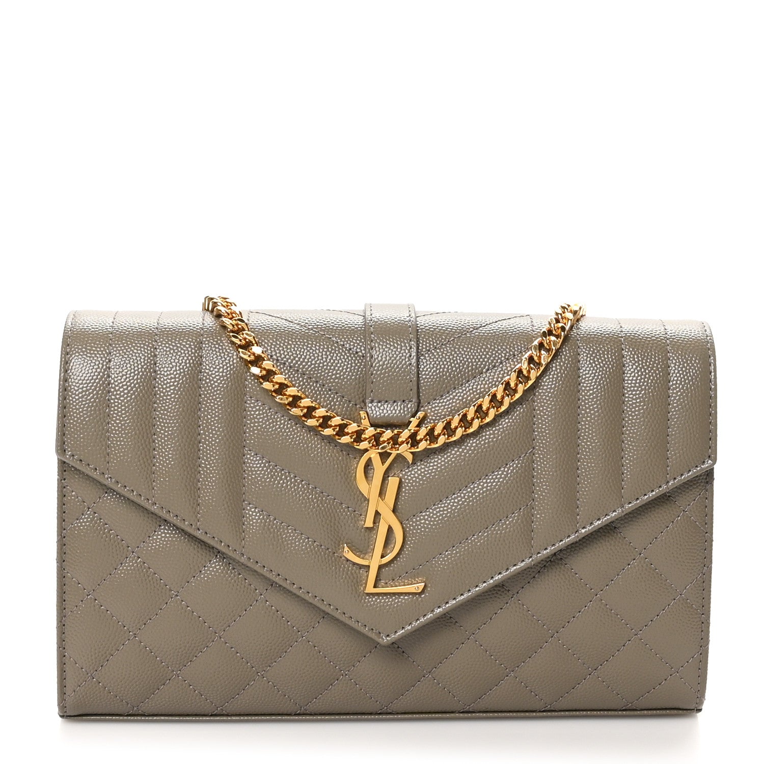 Saint Laurent Grain De Poudre Mixed Matelasse Triquilt Monogram Chain Wallet Dark Beige 1 of 9