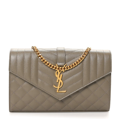 Saint Laurent Grain De Poudre Mixed Matelasse Triquilt Monogram Chain Wallet Dark Beige 1 of 9