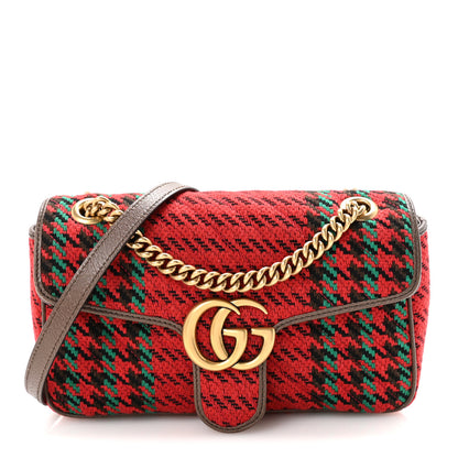 Gucci Wool Tweed Textured Dollar Calfskin Matelasse Diagonal Plaid Small GG Marmont Shoulder Bag Red Green Multicolor New Acero 1 of 11