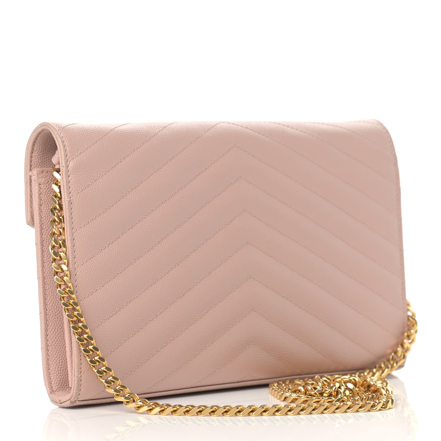 Saint Laurent Grain De Poudre Matelasse Chevron Monogram Chain Wallet Pale Pink 3 of 13