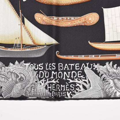 Hermes Silk Tous Les Bateaux Du Monde Scarf 90 Black Gris Marron 5 of 5