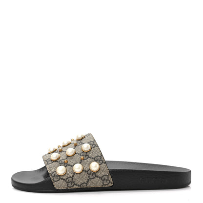 Gucci GG Supreme Monogram Pearls Slide Sandals 41 Beige 1 of 7