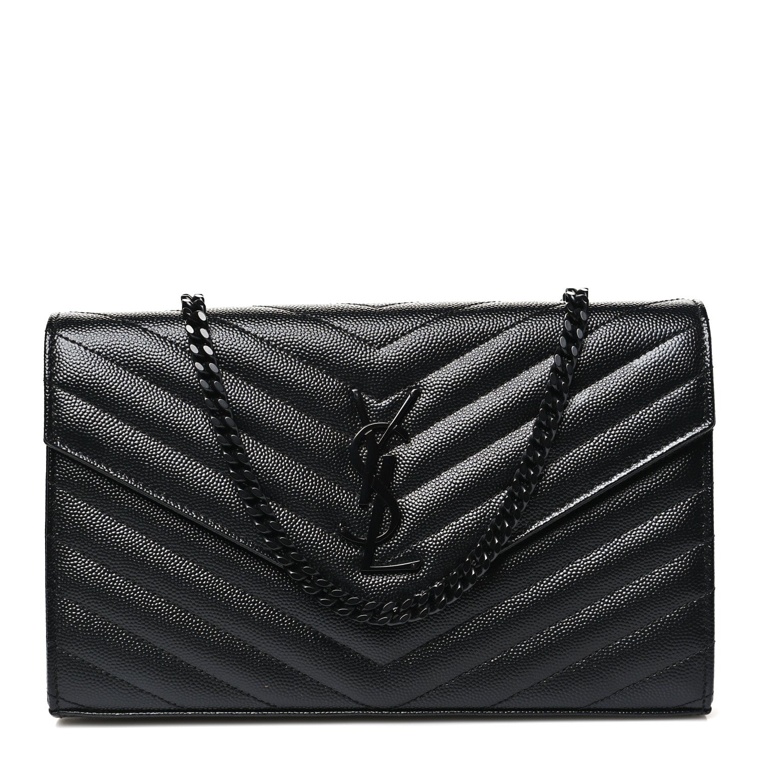 Saint Laurent Grain De Poudre Matelasse Chevron Monogram Monochrome Chain Wallet Black 1 of 11