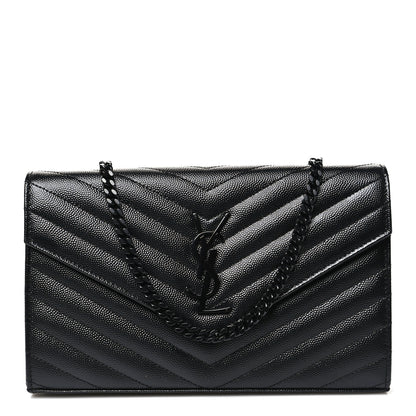 Saint Laurent Grain De Poudre Matelasse Chevron Monogram Monochrome Chain Wallet Black 1 of 11