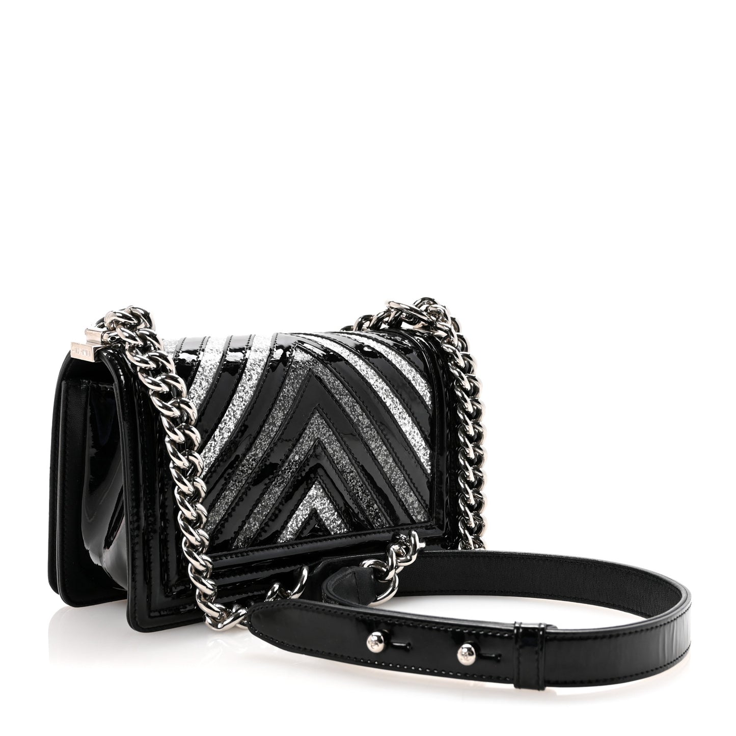 Patent Glitter PVC Chevron Quilted Small Boy Flap Black Silver