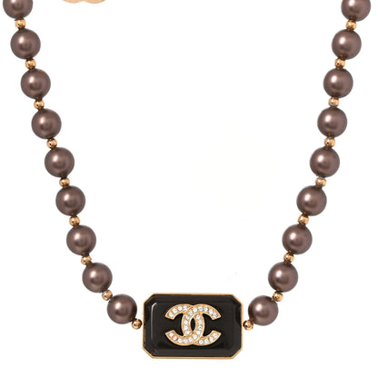 Chanel Pearl Crystal CC Choker Necklace Brown Gold 1 of 4