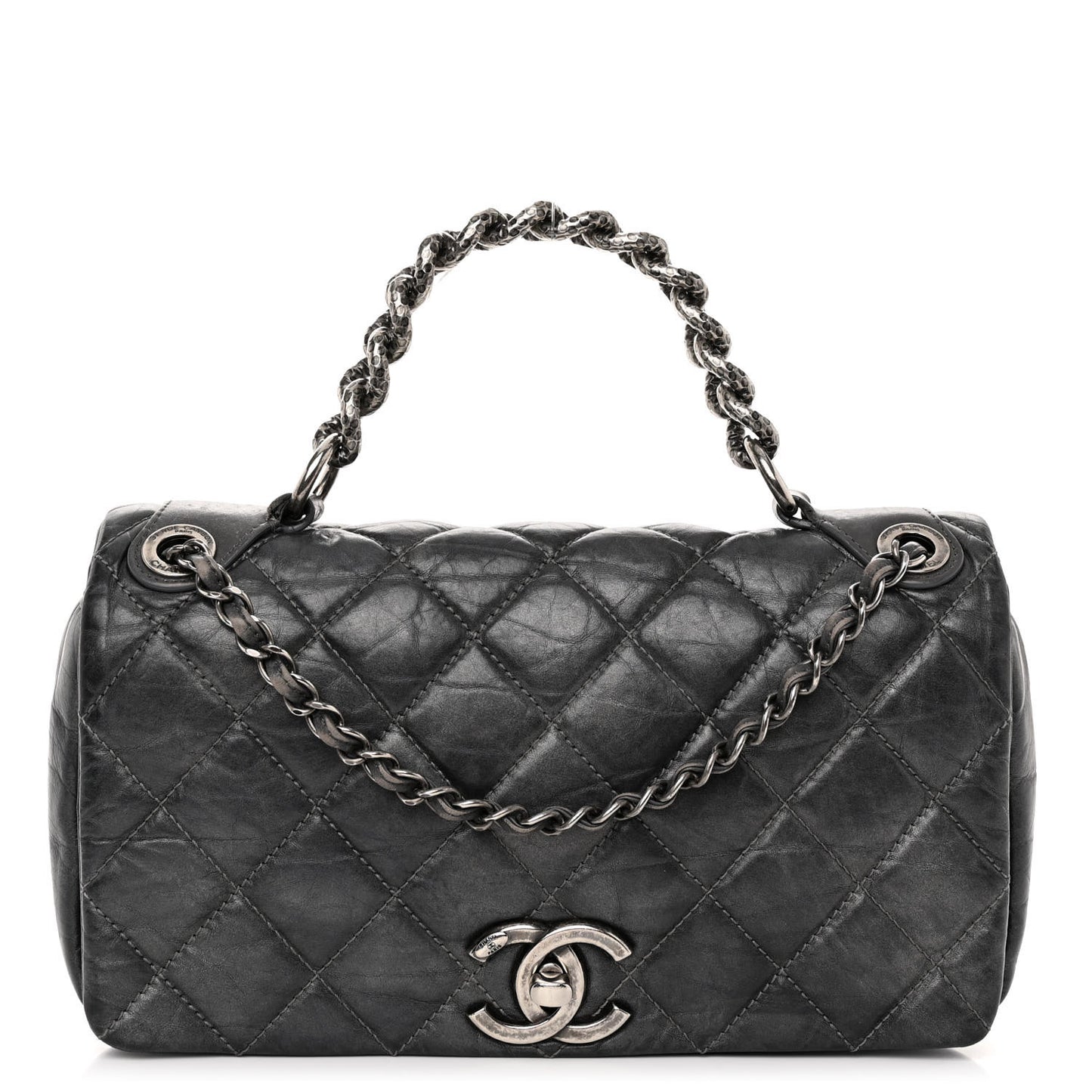 Aged Calfskin Quilted Small Pondichery Flap Dark Grey