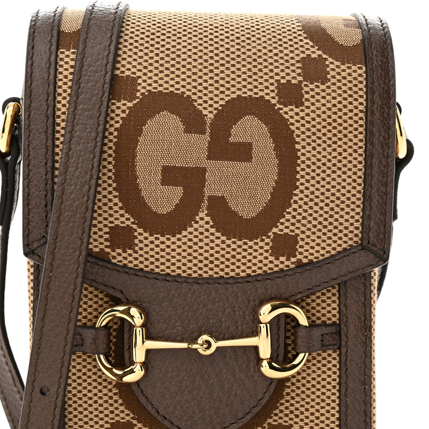 Monogram Jumbo GG Textured Dollar Calfskin Mini Horsebit 1955 Crossbody Bag Camel Ebony New Acero