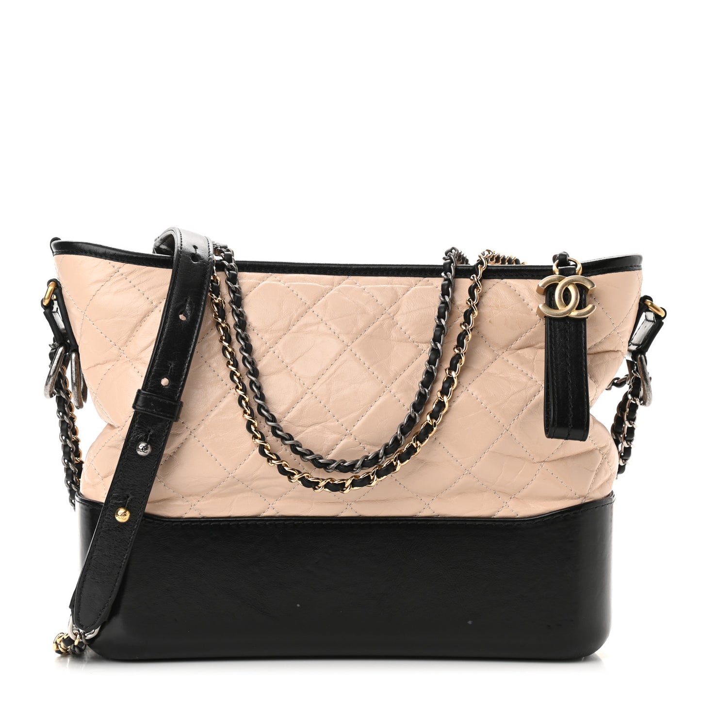 Aged Calfskin Quilted Medium Gabrielle Hobo Beige Black