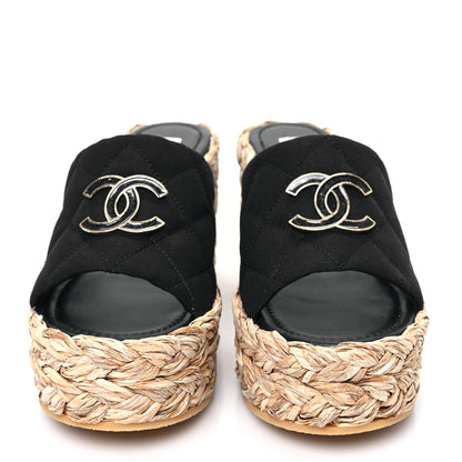 Chanel Canvas Raffia Wedge Sandals 38 Black 2 of 9