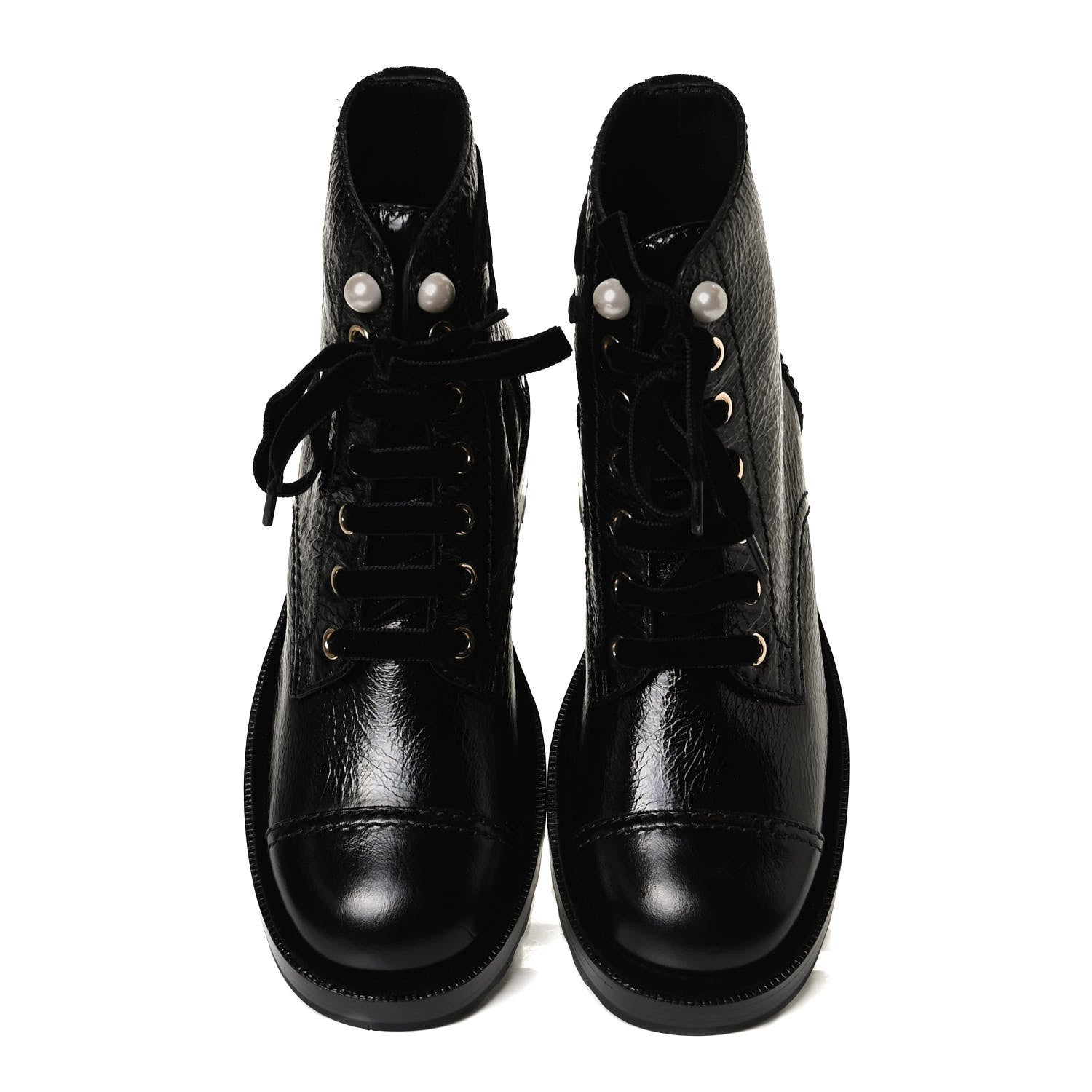 Chanel Shiny Calfskin Velvet Pearl Combat Short Boots 37 Black 5 of 12