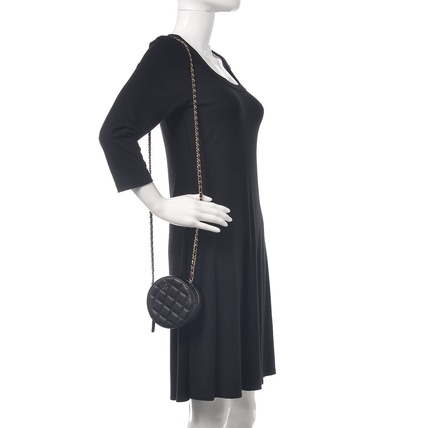 Caviar Quilted Round Clutch With Chain Black