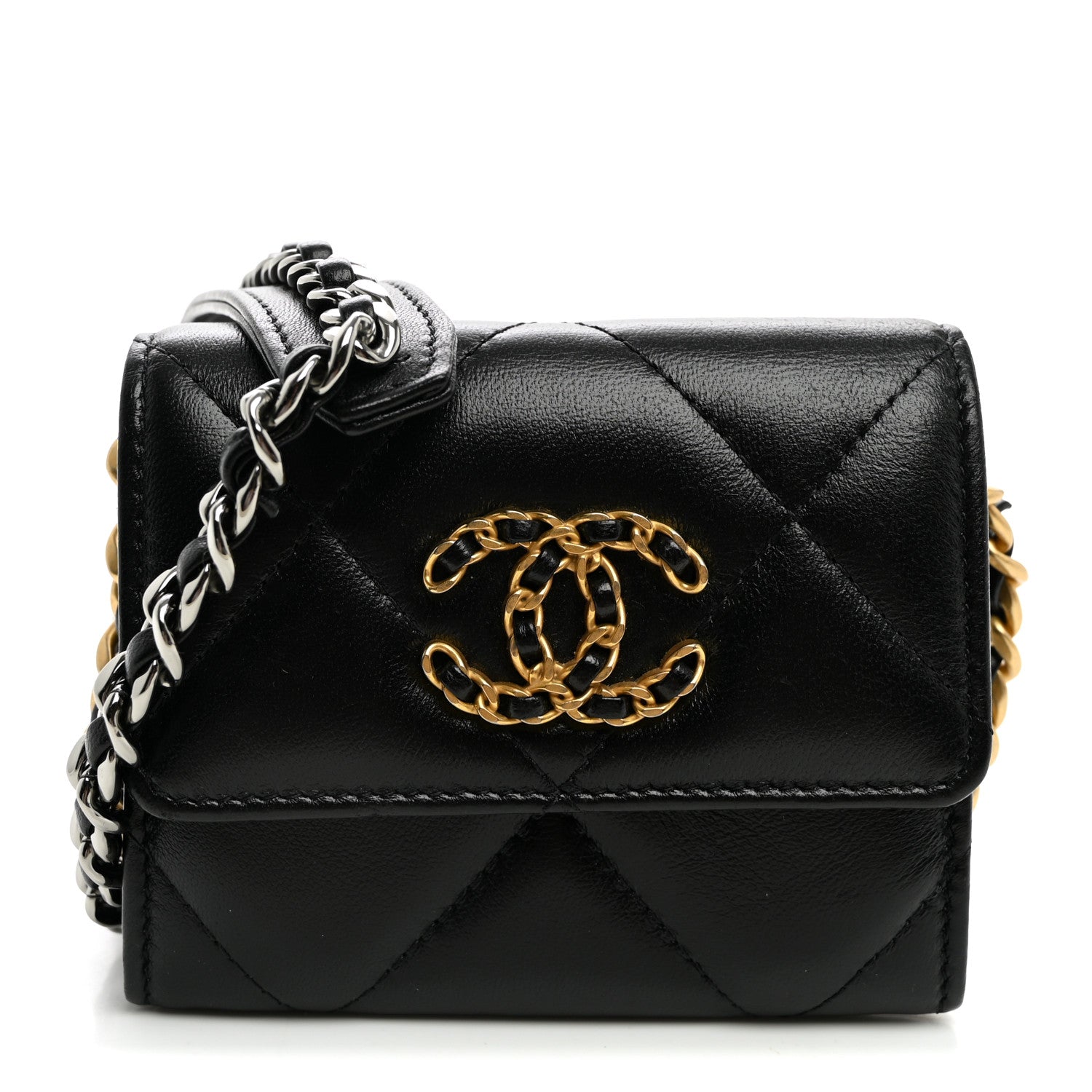 Chanel Lambskin Quilted Chanel 19 Flap Coin Purse With Chain Black 1 of 10