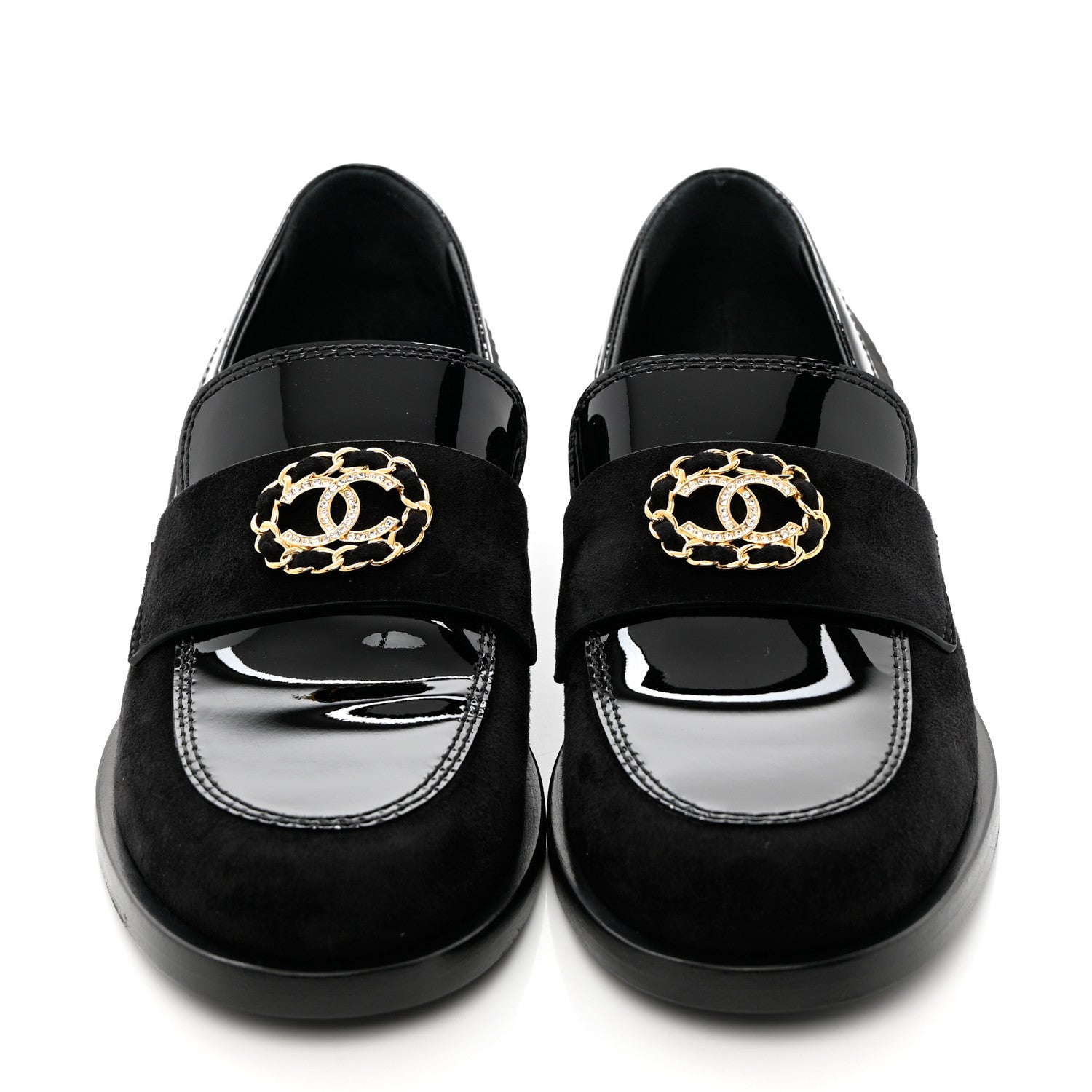 Chanel Patent Calfskin Suede Kidskin CC Mocassin Loafers 37 Black 5 of 14