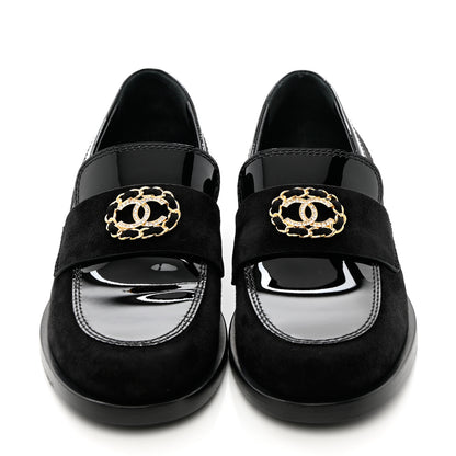 Chanel Patent Calfskin Suede Kidskin CC Mocassin Loafers 37 Black 5 of 14