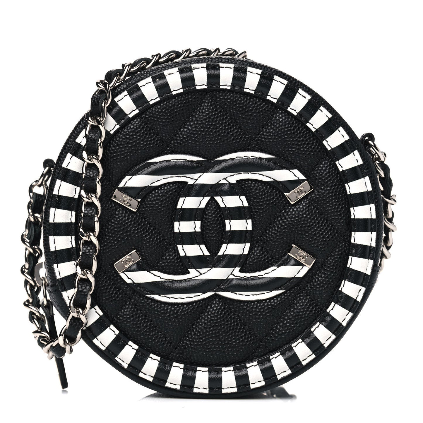 Caviar Quilted Filigree Round Clutch With Chain Black White