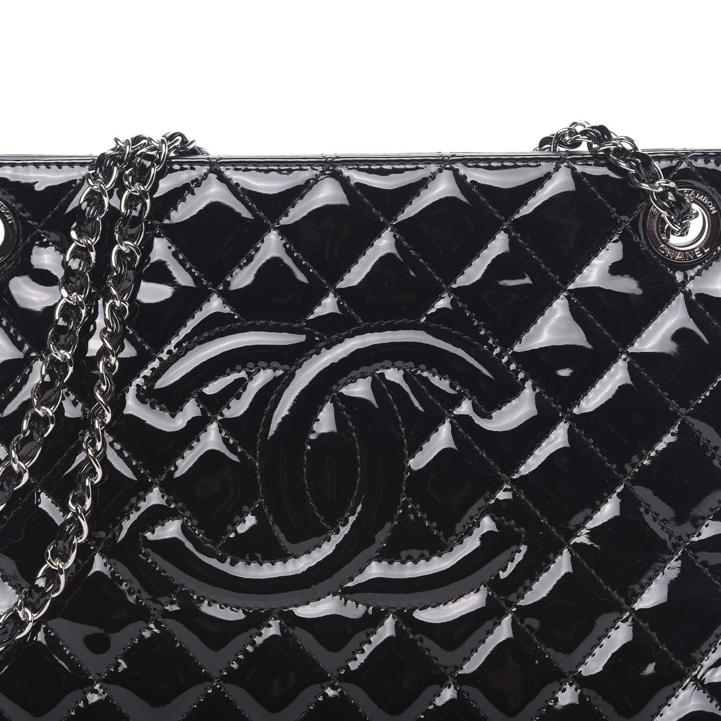 Patent Quilted Timeless CC Shopping Tote Black