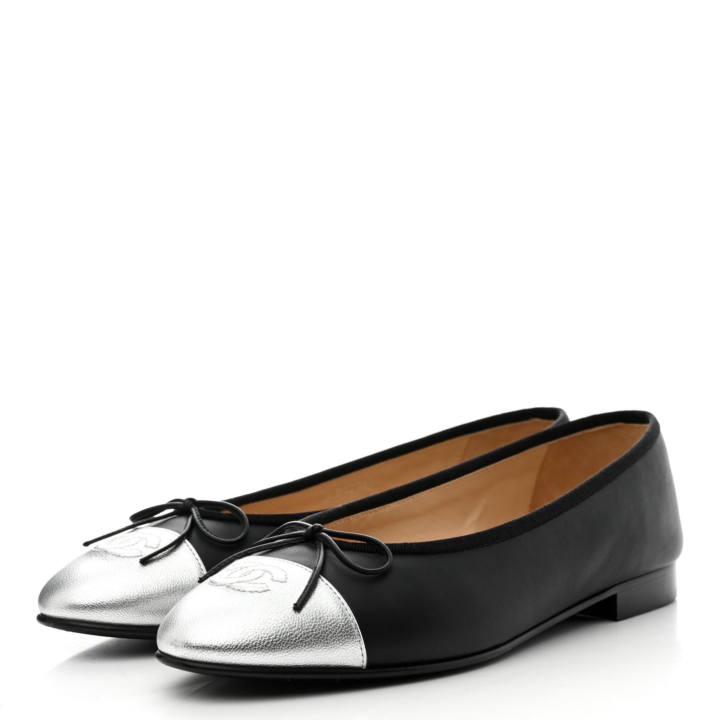 Calfskin Metallic Goatskin CC Cap Toe Ballerina Flats 39 Black Silver